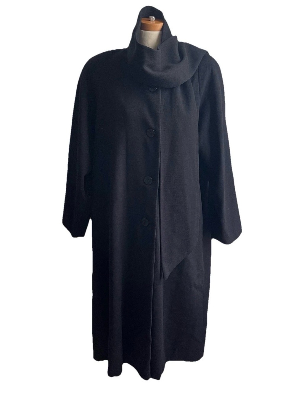 Vintage 1980s Carol Horn Long Wool Coat Black 3/4 Attached Scarf Cowl USA 12